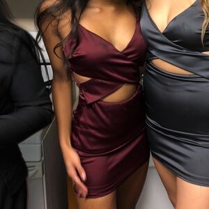 Satin maroon dress with cut out detail